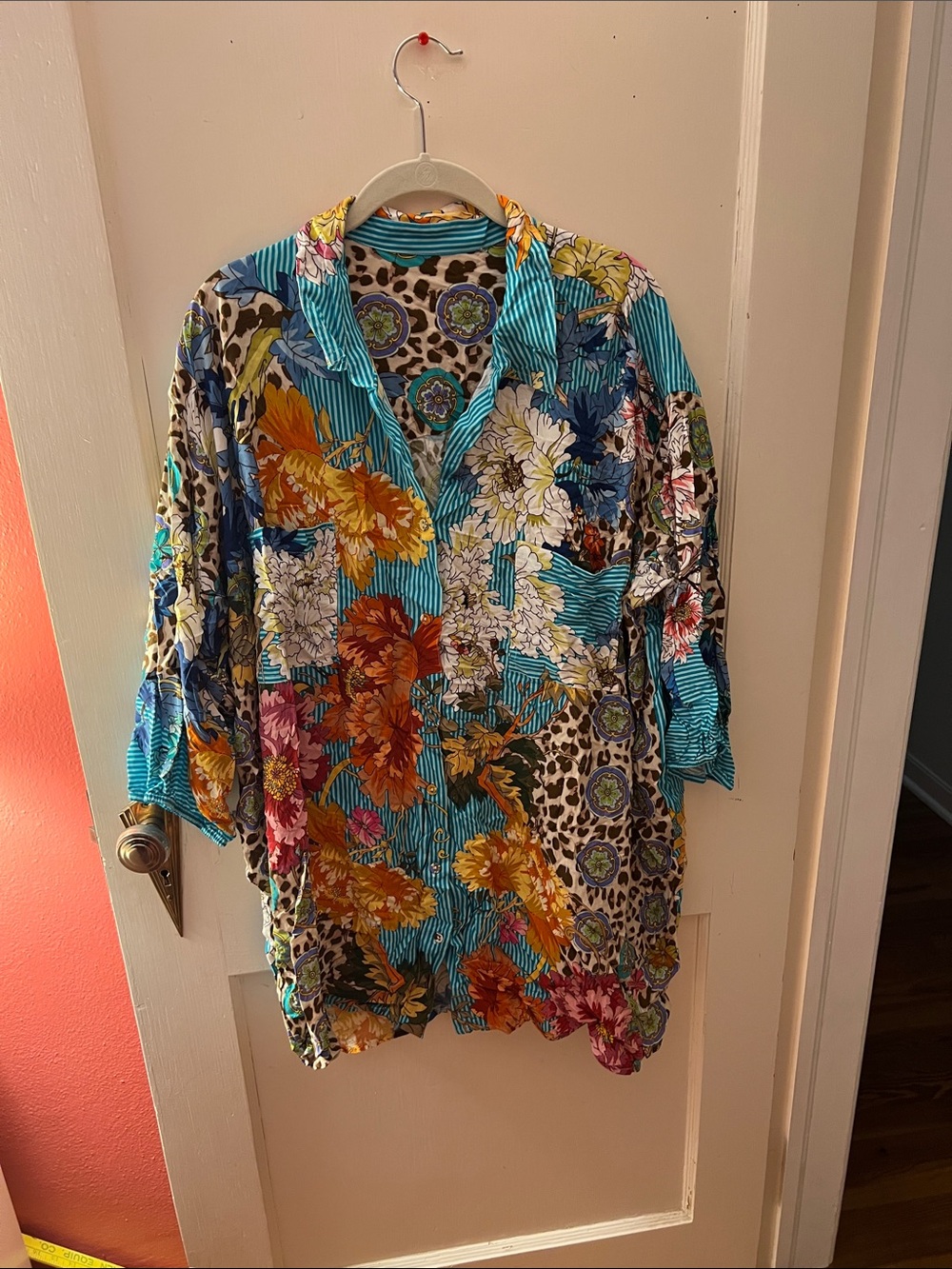 Johnny Was Turquoise Floral & Leopard Swim Coverup